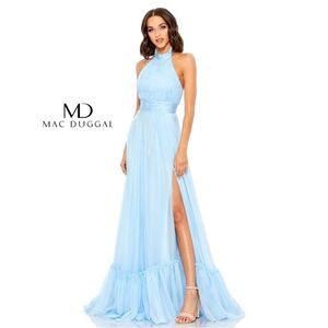 MAC DUGGAL Blue High Neck Tiered Chiffon Halter Gown - 4